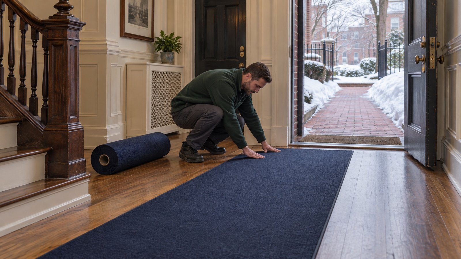 A worker smoothing a protective floor runner inside an entrance, with a cleared brick path and snow outside.