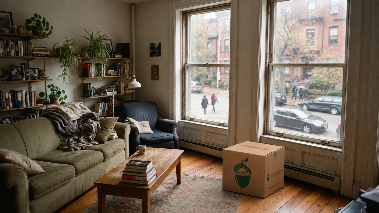 A taped Sterling Oakbridge carton stands beside tall apartment windows, with a green sofa, bookshelves and coffee table nearby.