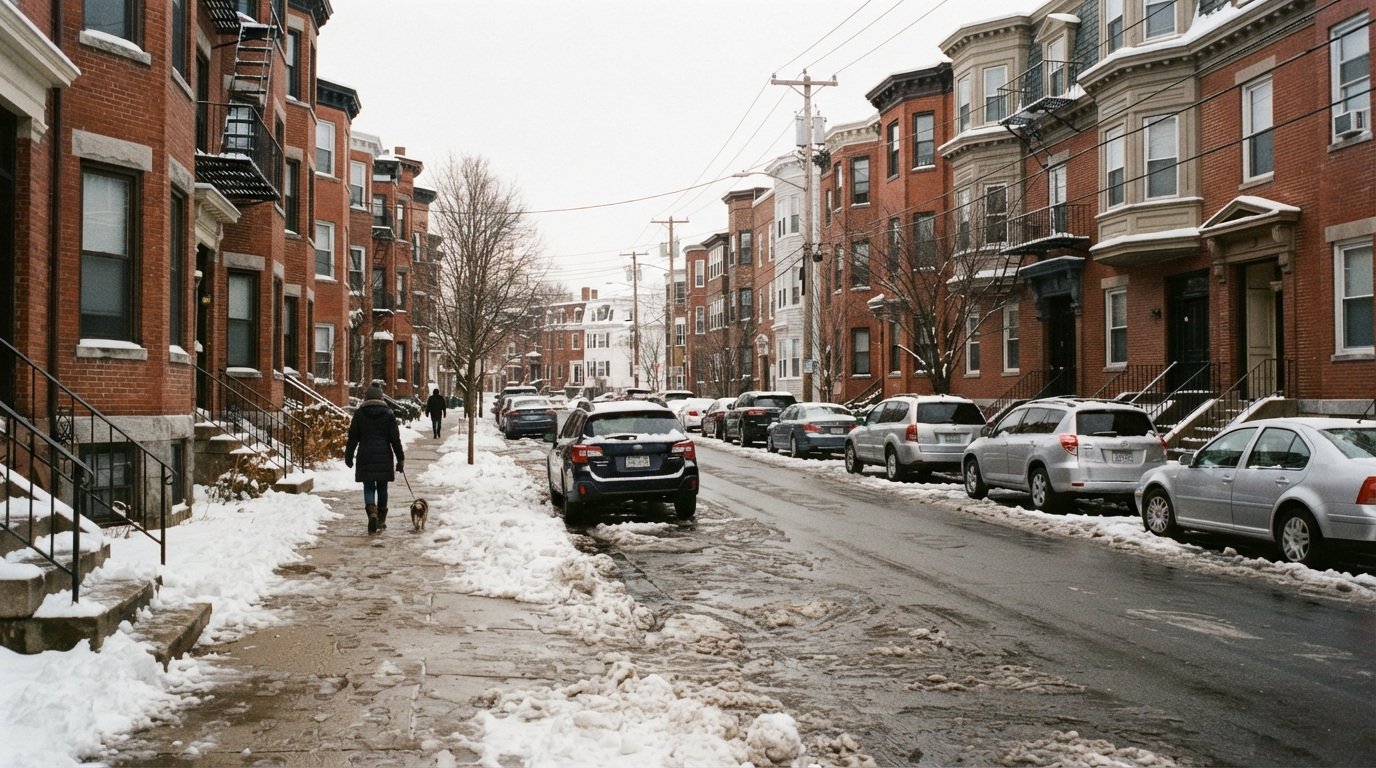 Snow and slush along a residential street, with parked cars beside brick homes.