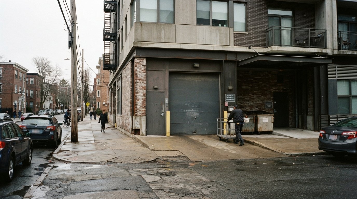 A building service entrance and loading area beside a sidewalk.