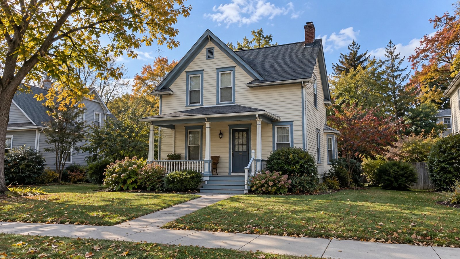 Representative older Bowie-style house with complete porch, front steps, private path and separate sidewalk.