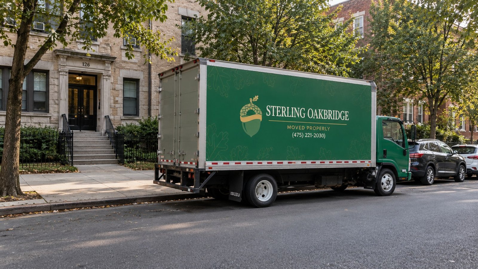 Moving-truck position and rear working space A green Sterling Oakbridge cab-over moving truck stands parallel to the curb with a clear area behind it.