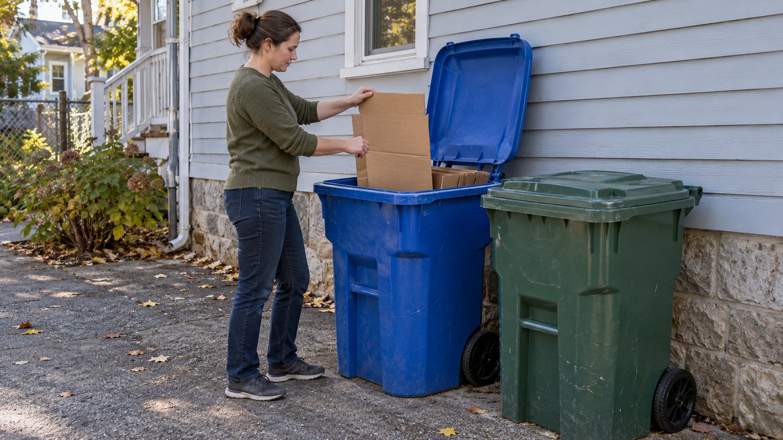Cardboard after unpacking Resident placing clean flattened cardboard in a blue recycling toter beside a separate closed green trash toter.