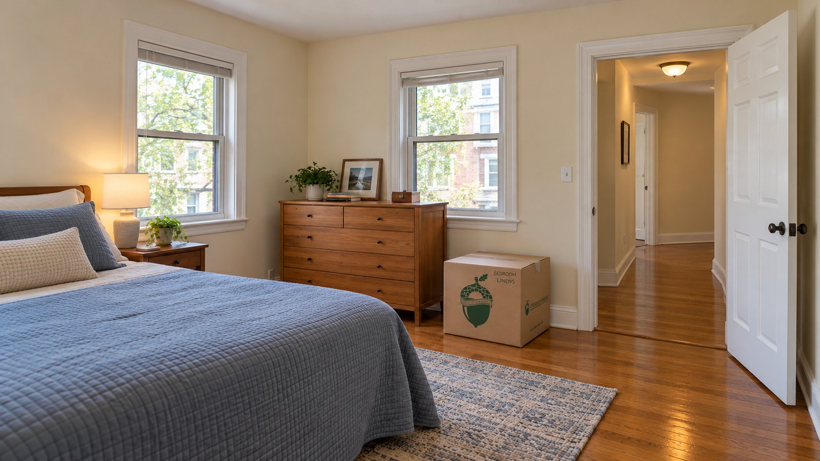 Room layout and the receiving route Made bed, dresser and one sealed linen carton beside a clear doorway into a turning hall.