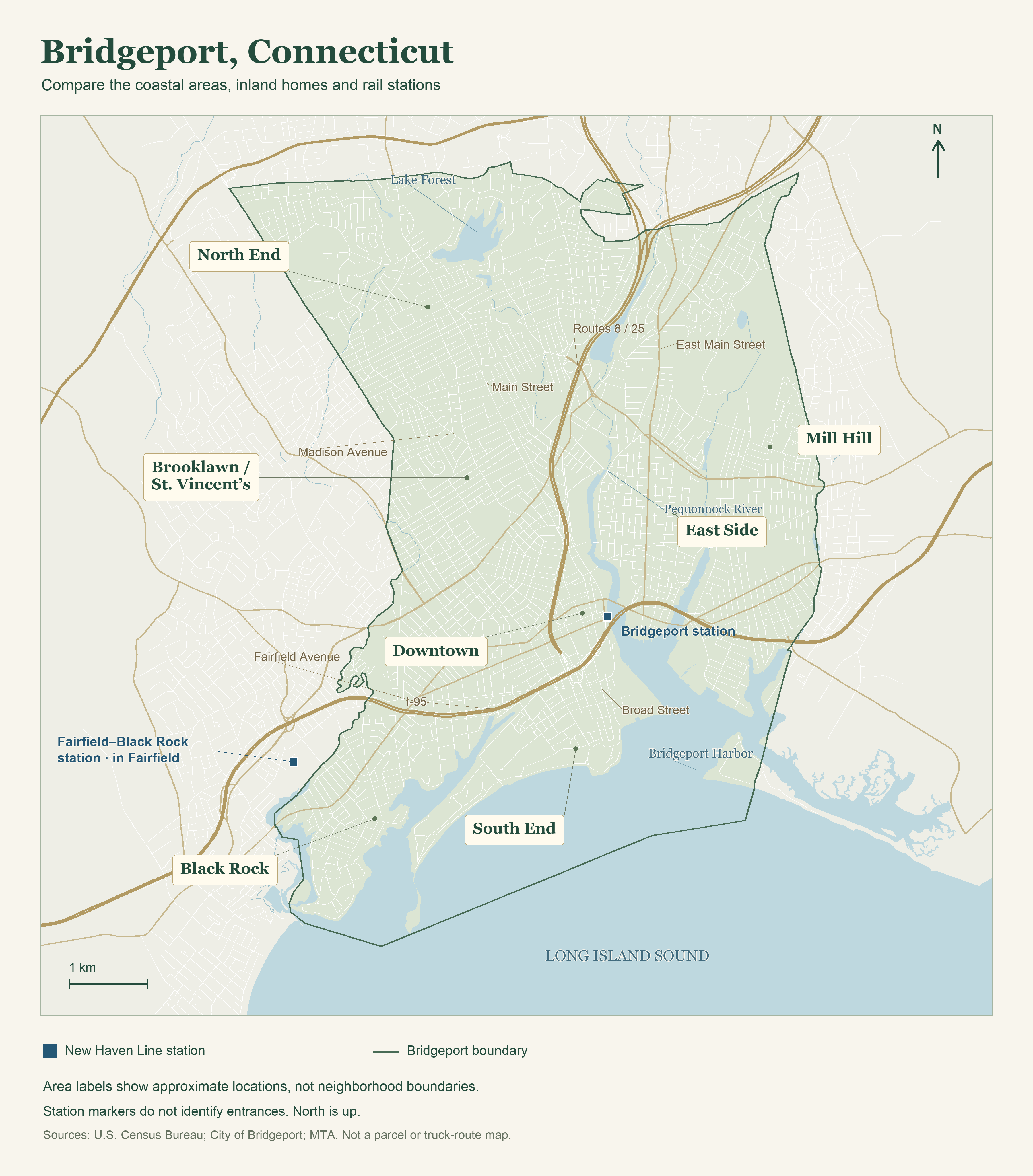 Explore Bridgeport and its coastal and inland areas Bridgeport city boundary, approximate residential areas, main roads, coastal waters and two New Haven Line stations