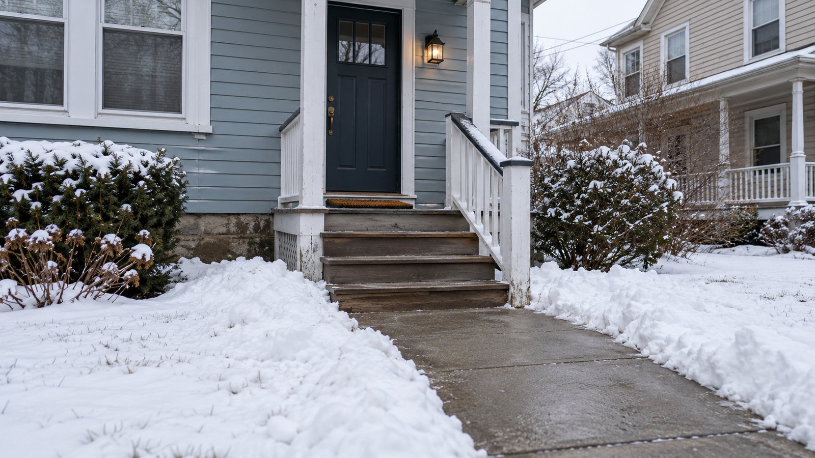 A clear winter entrance Cleared residential walk and wooden porch steps between low snowbanks.
