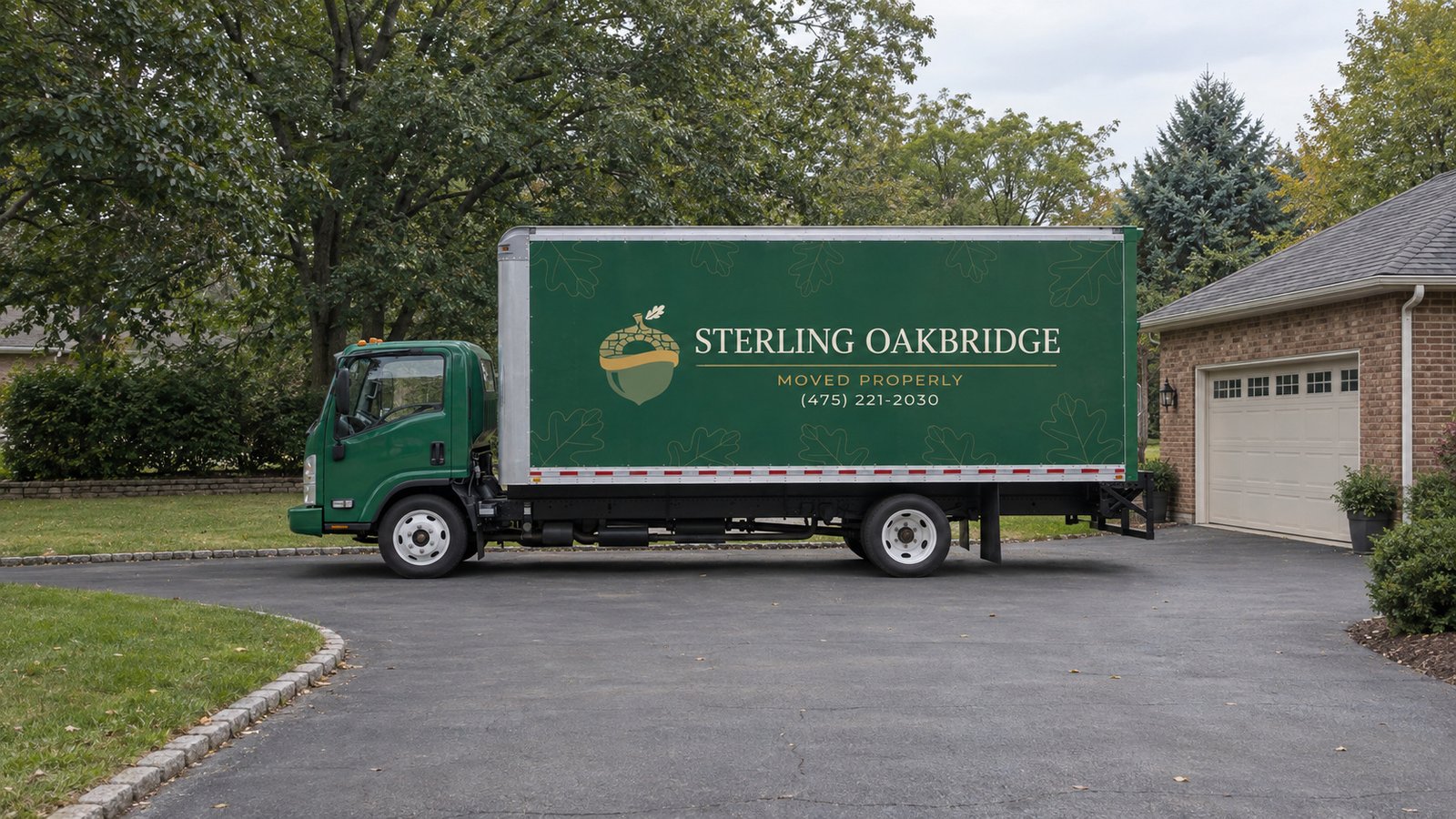 Confirm the truck position A complete green Sterling Oakbridge Isuzu NPR20 box truck standing on a paved private driveway beside a brick garage.