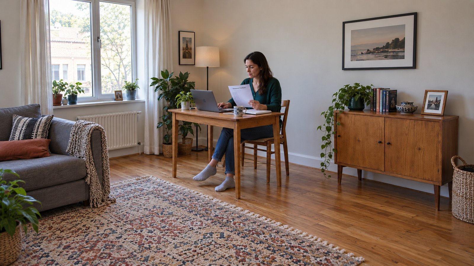 A woman seated at a complete wooden desk with a laptop and household papers beside a low cabinet.