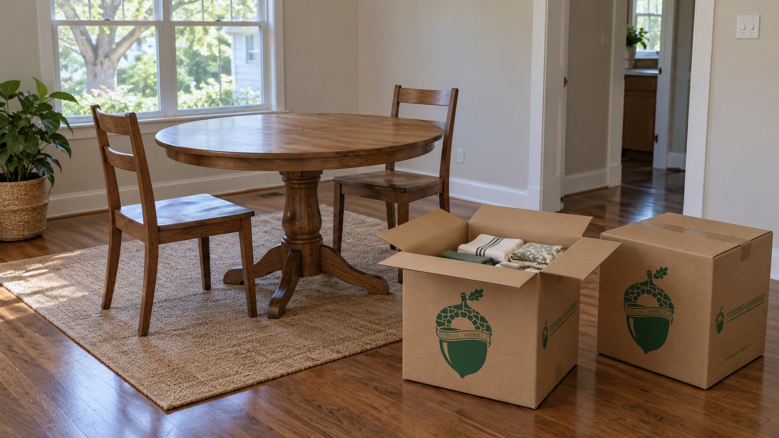 A complete round wooden pedestal table and two chairs beside open and closed kraft cartons of folded table linens.