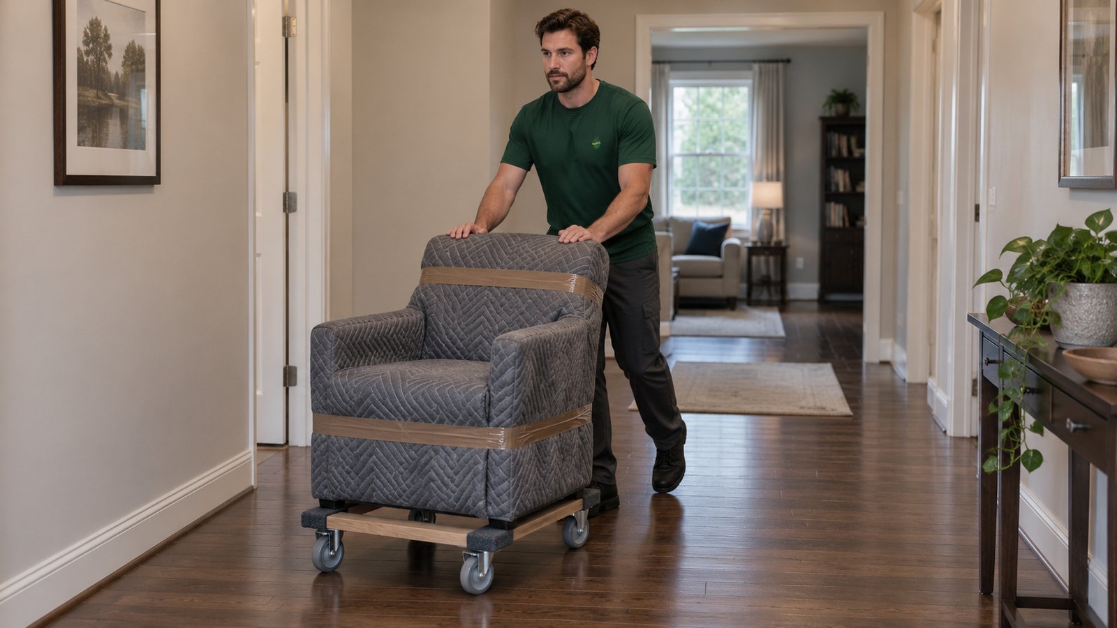Keep protected furniture supported A male mover in a green Sterling Oakbridge shirt rolling a blanket-wrapped armchair on an open-frame wooden furniture dolly.