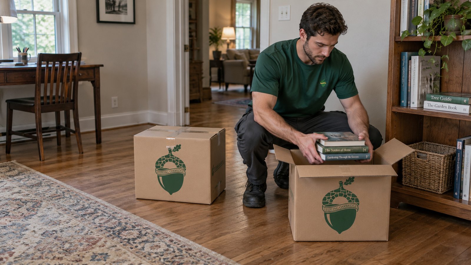 Pack dense books in small cartons A male mover in a green Sterling Oakbridge shirt placing books into a small open kraft Book carton on the floor.