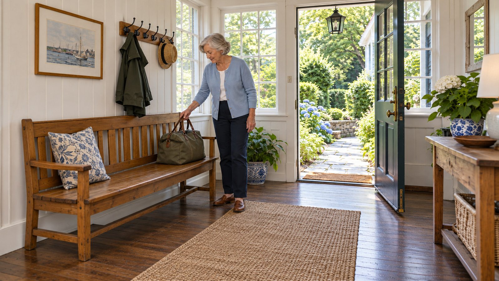 A resident places an overnight bag on a wooden bench inside an open porch