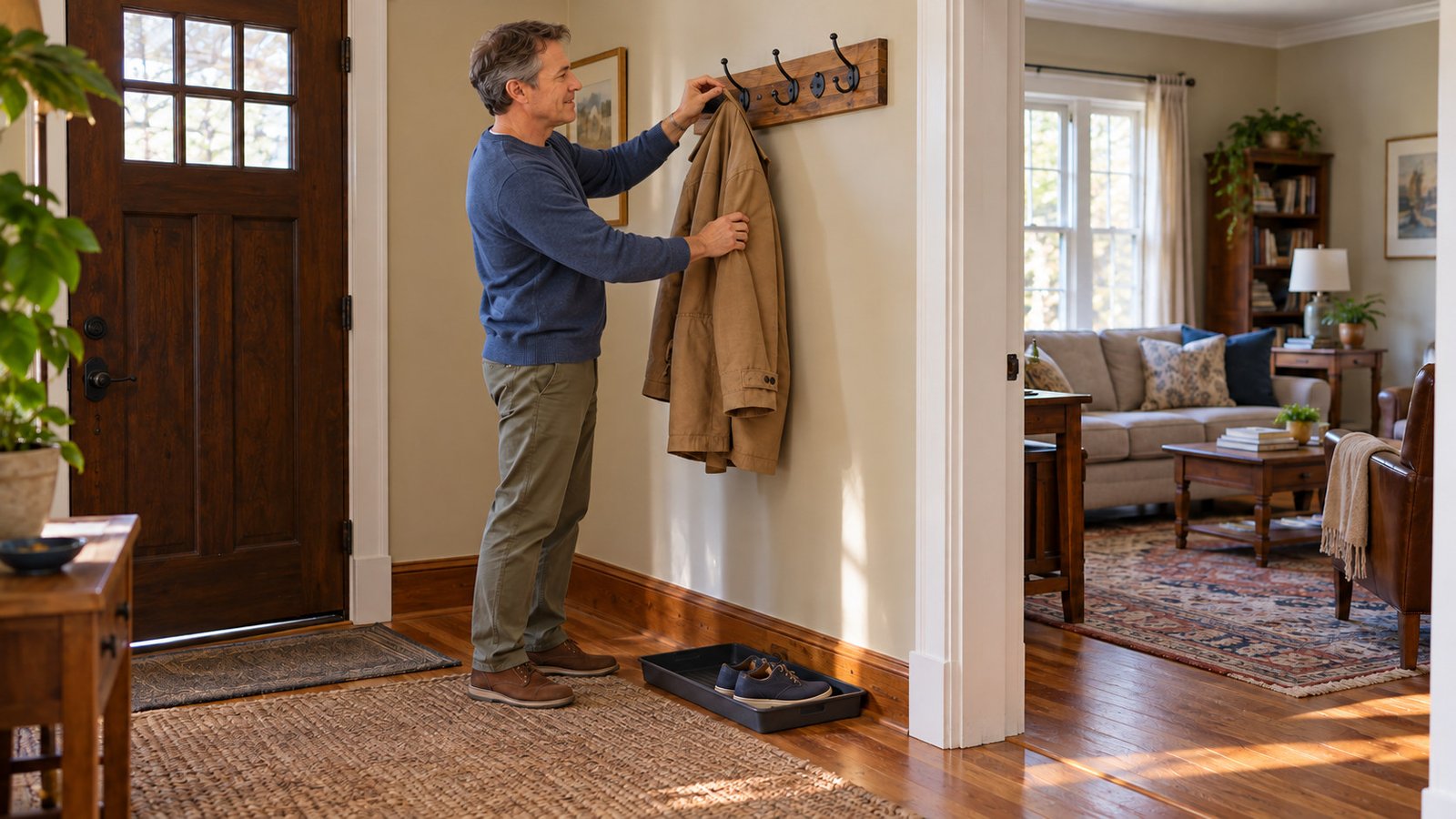 A whole resident hangs a coat on a wall hook beside a clear home entrance