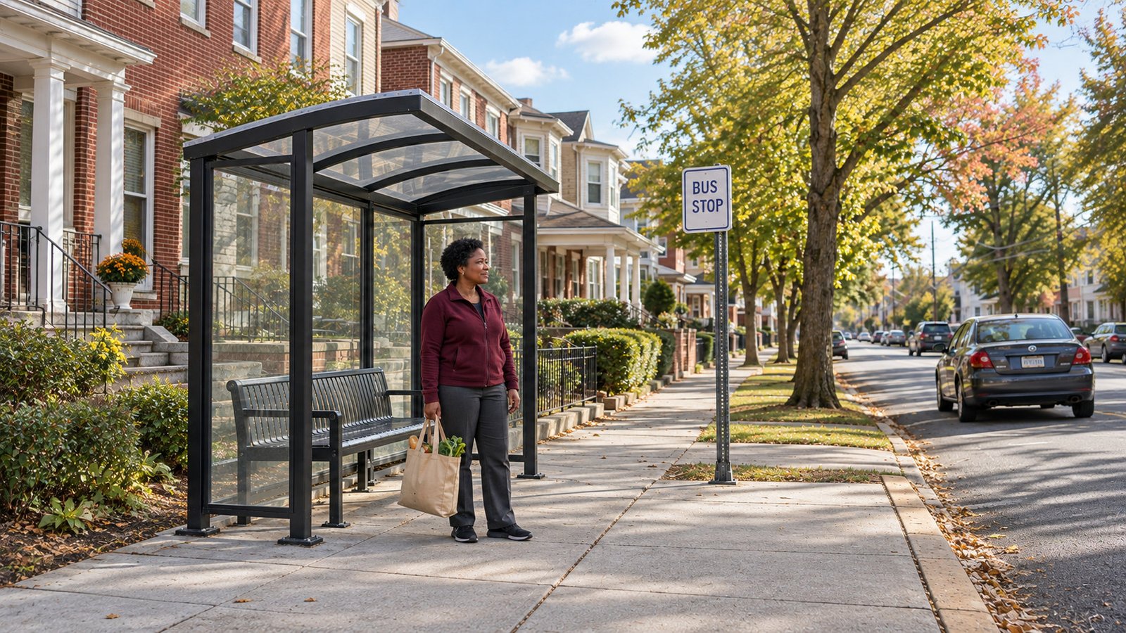 A whole resident waits beside a bus shelter with a modest grocery bag