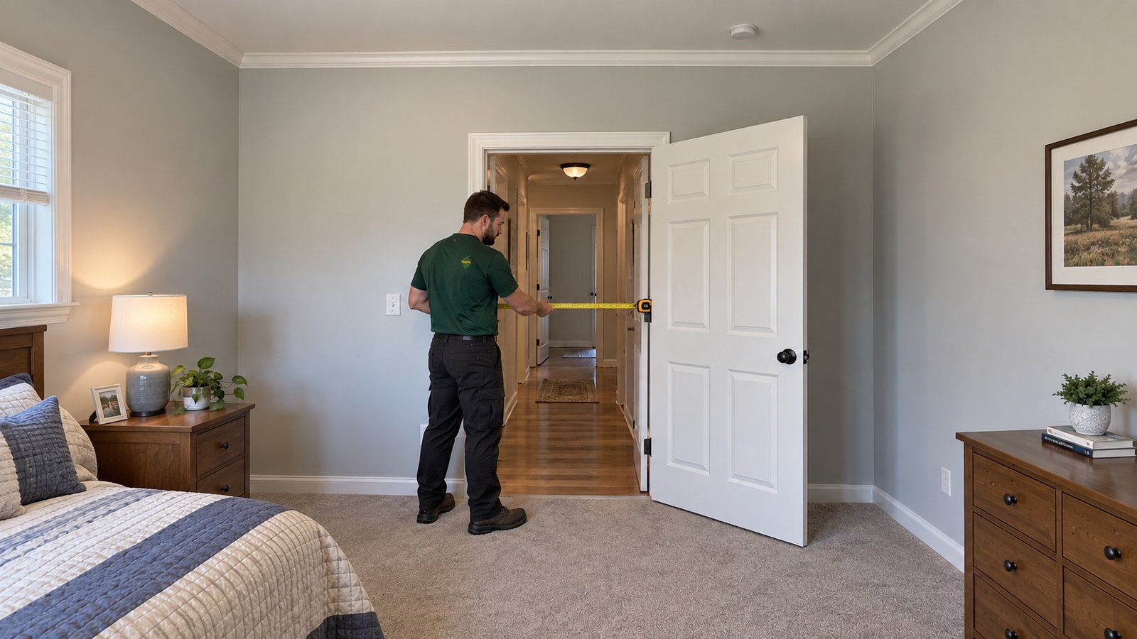 Measure the receiving route A male surveyor measuring a complete interior doorway with a tape measure.