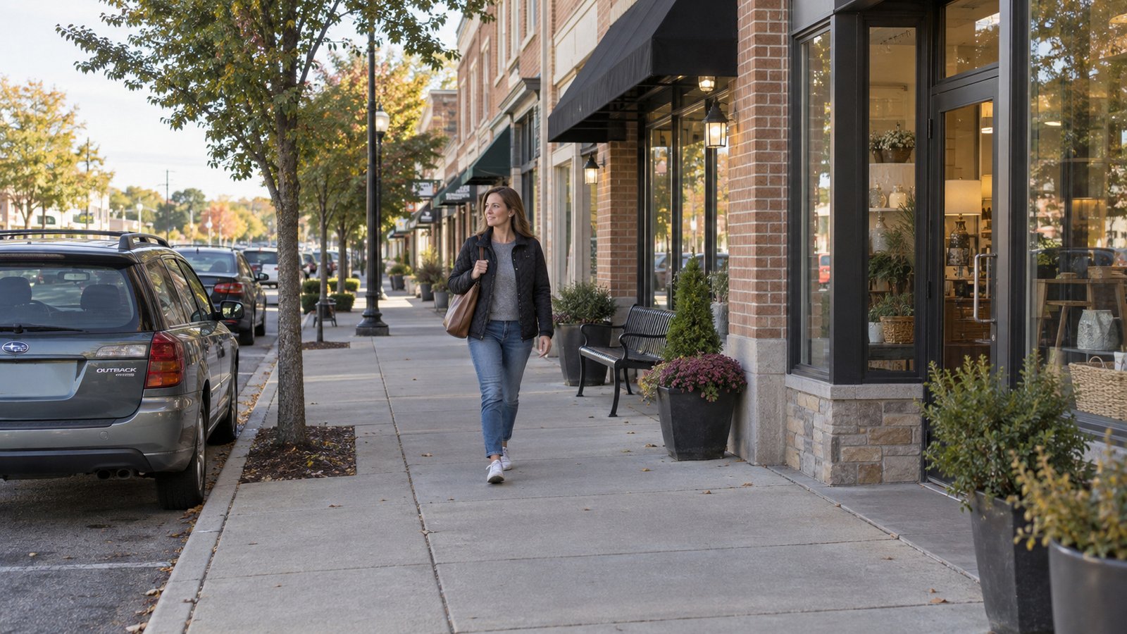 A woman walking along a commercial sidewalk beside a bookshop entrance, bench and plants.
