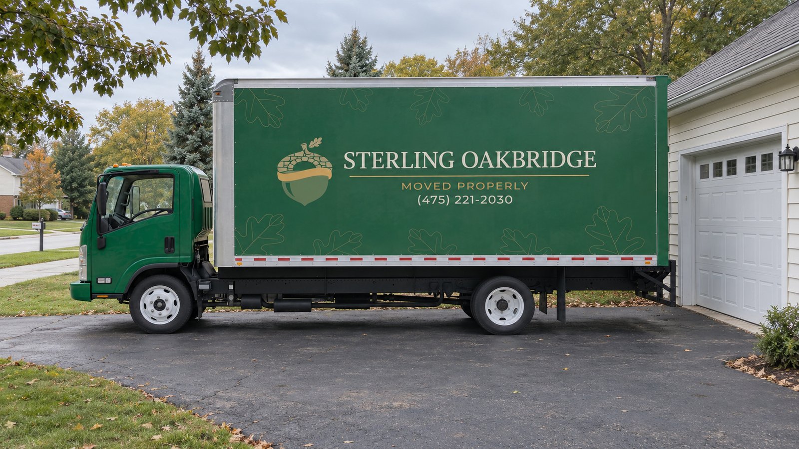 Confirm the proposed truck position A whole green Sterling Oakbridge Isuzu NPR20 on an asphalt forecourt beside a closed garage.