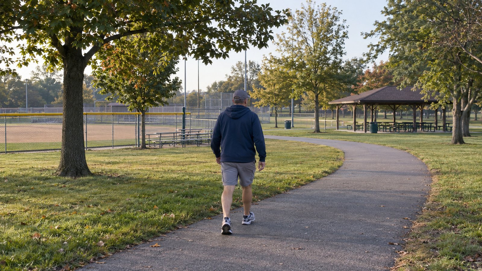 A resident walking along a curved paved path beside a baseball field and park pavilion.