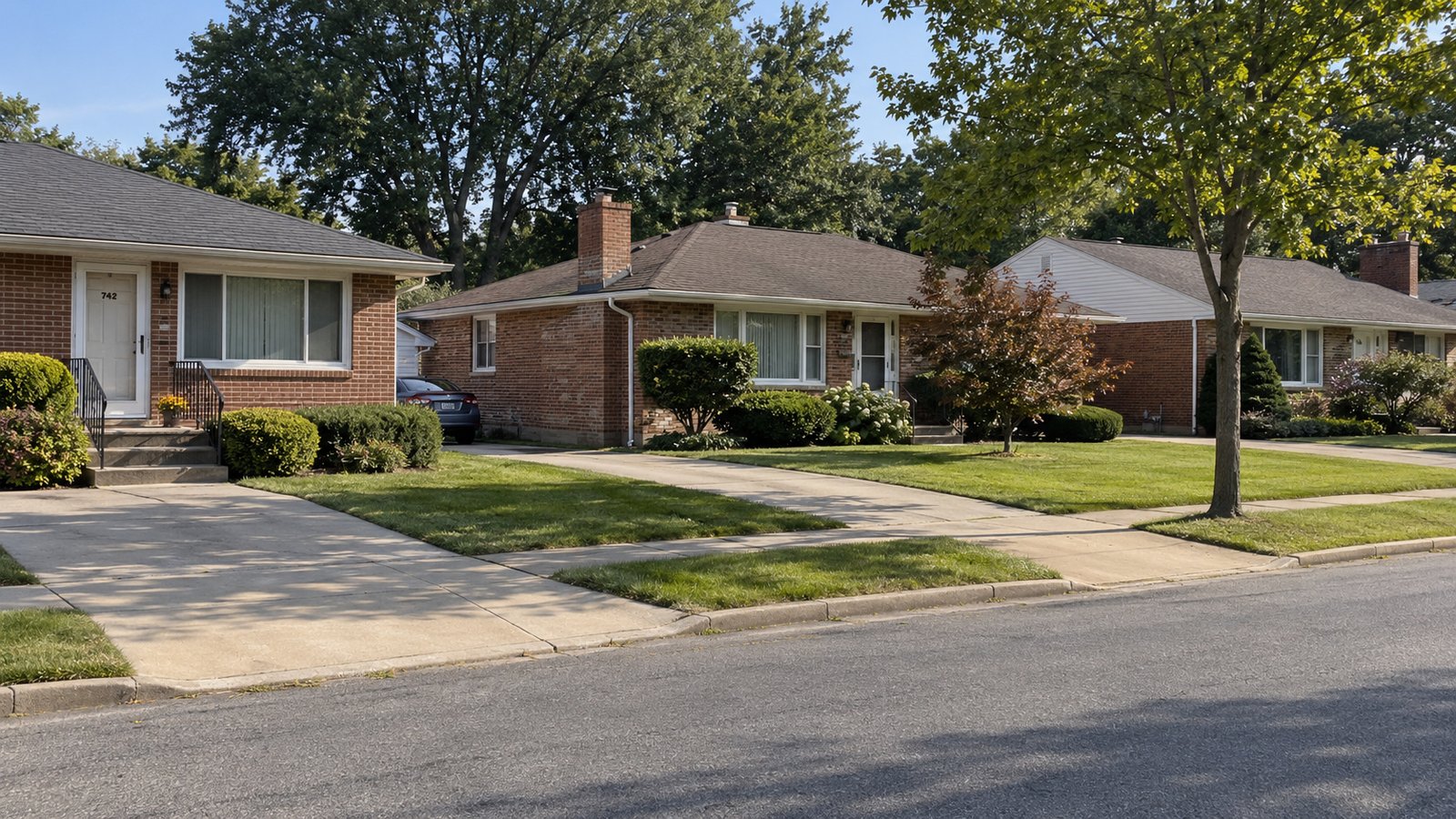 Check the outside approach A whole red-brick ranch home with an entrance, lawn and connected paved driveway.