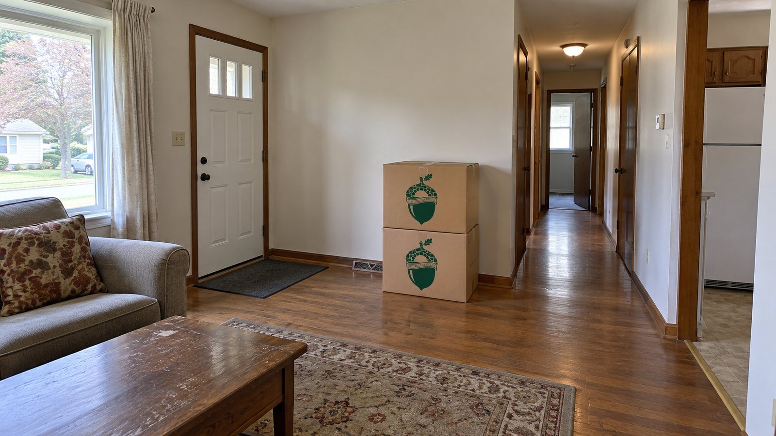 A clear level entry hall with a complete front door and two stacked compact kraft Book cartons.