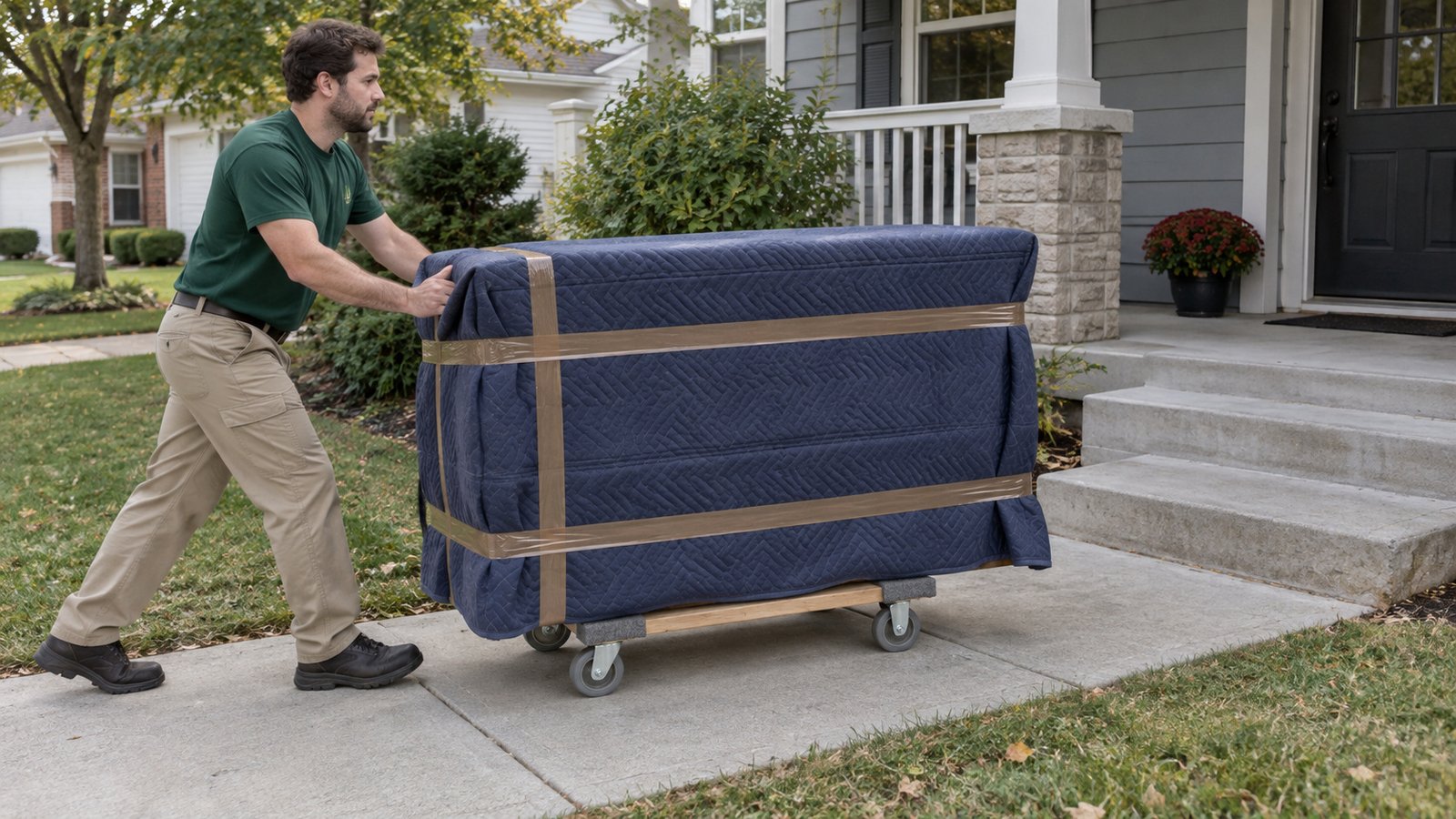 Prepare the level carrying route A male mover pushing a blanket-protected cabinet on a compact wooden furniture dolly along a level walk.