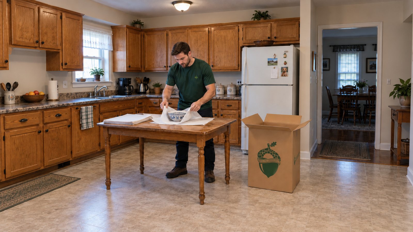 Agree the packing responsibility A male packer wrapping a white bowl in paper on a complete table beside an open tall kraft China carton.