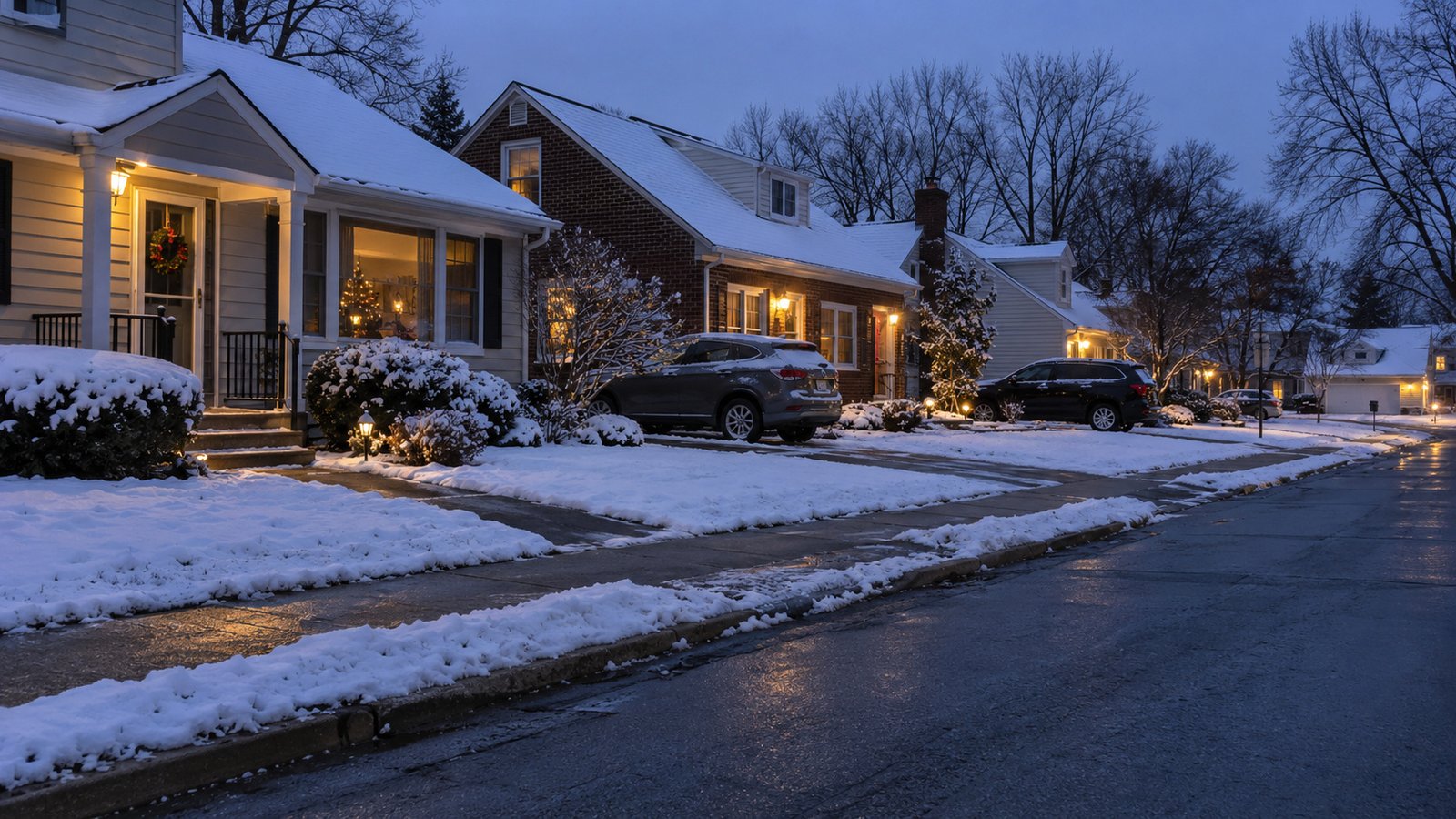 A whole brick home at winter dusk with snow at lawn edges beside a clear path and driveway.