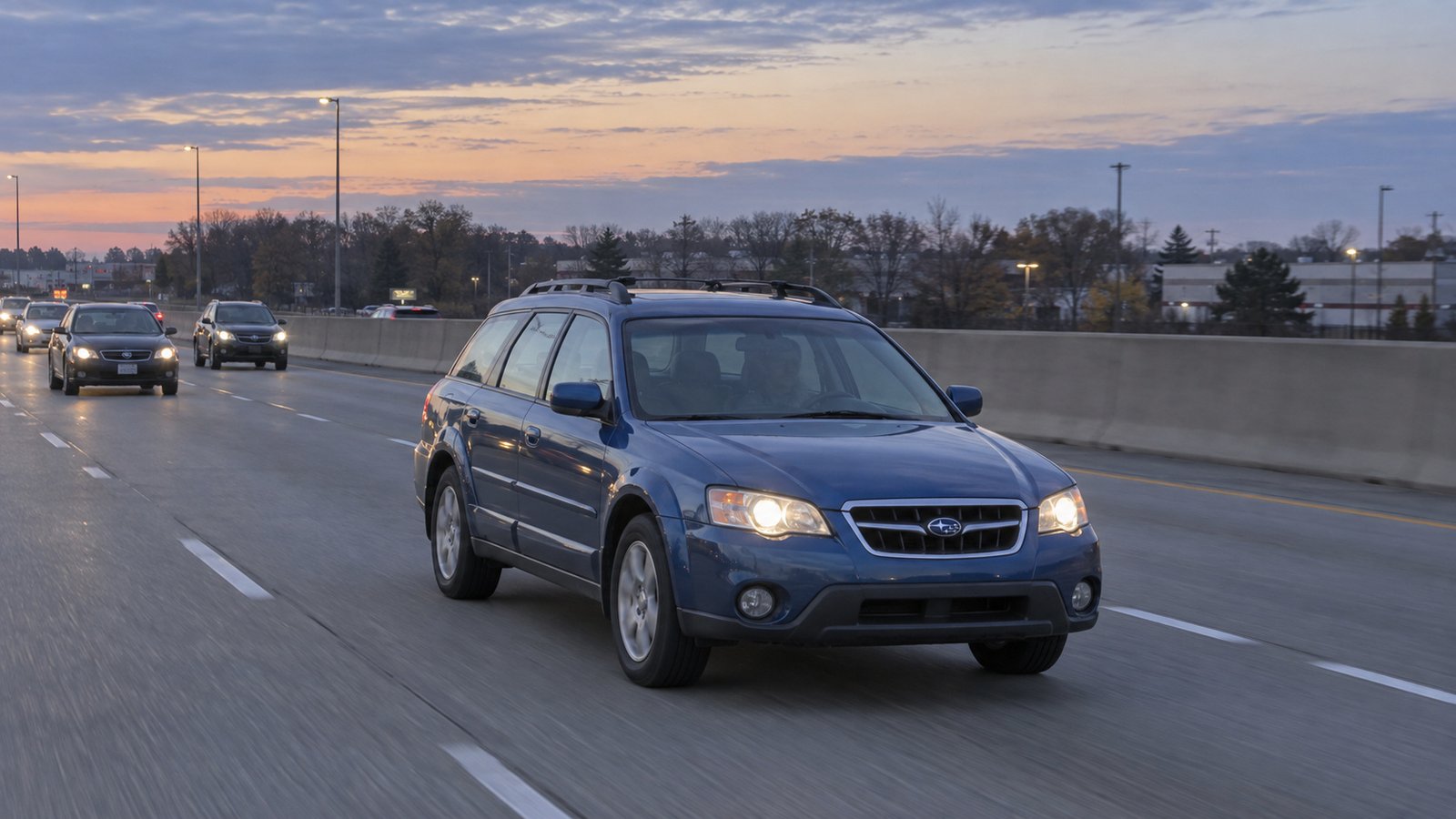 A whole blue station wagon within a marked road lane beside a concrete divider.