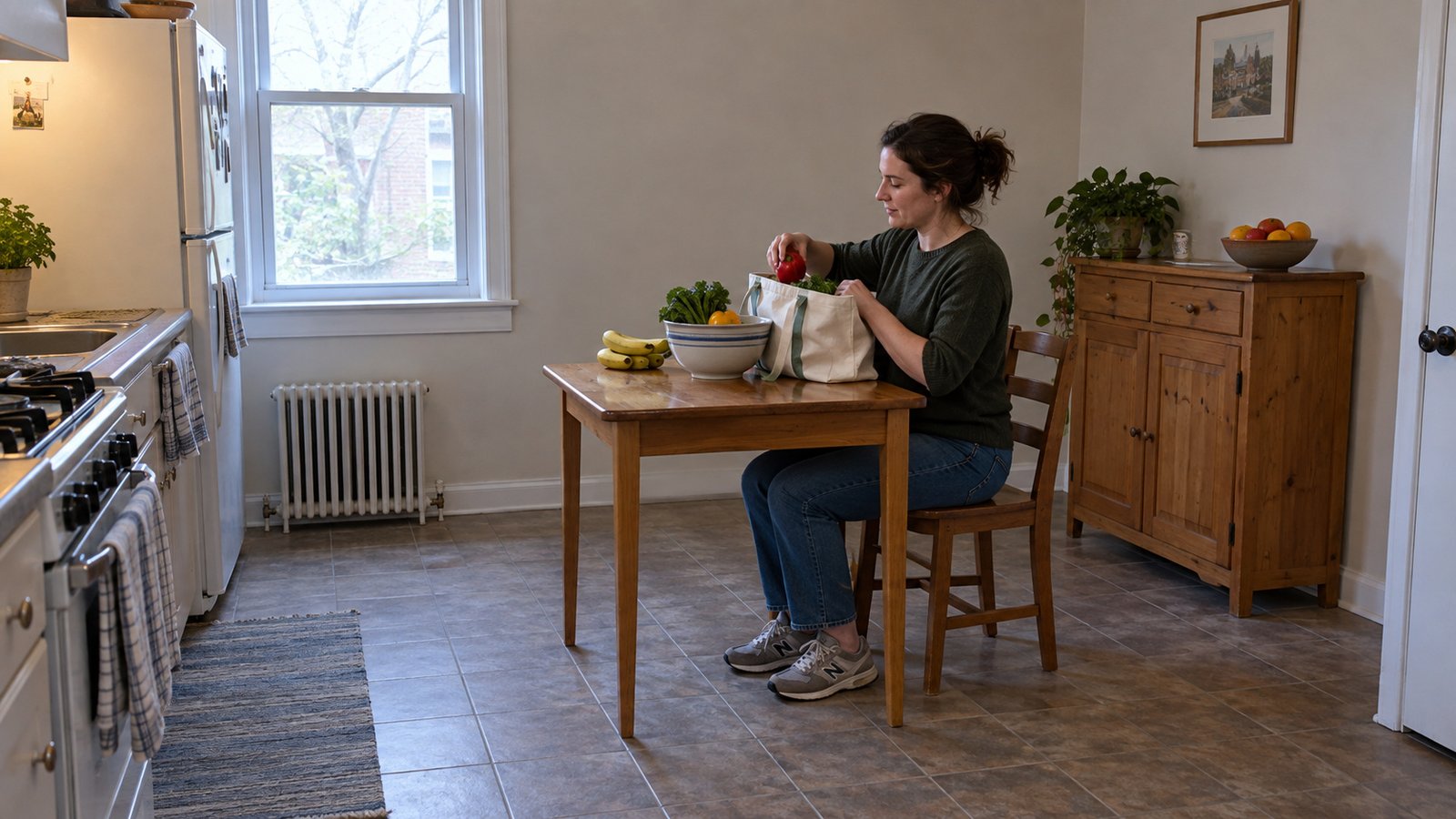 A woman sorting groceries from a reusable bag at a whole wooden table beside a low wooden cupboard.