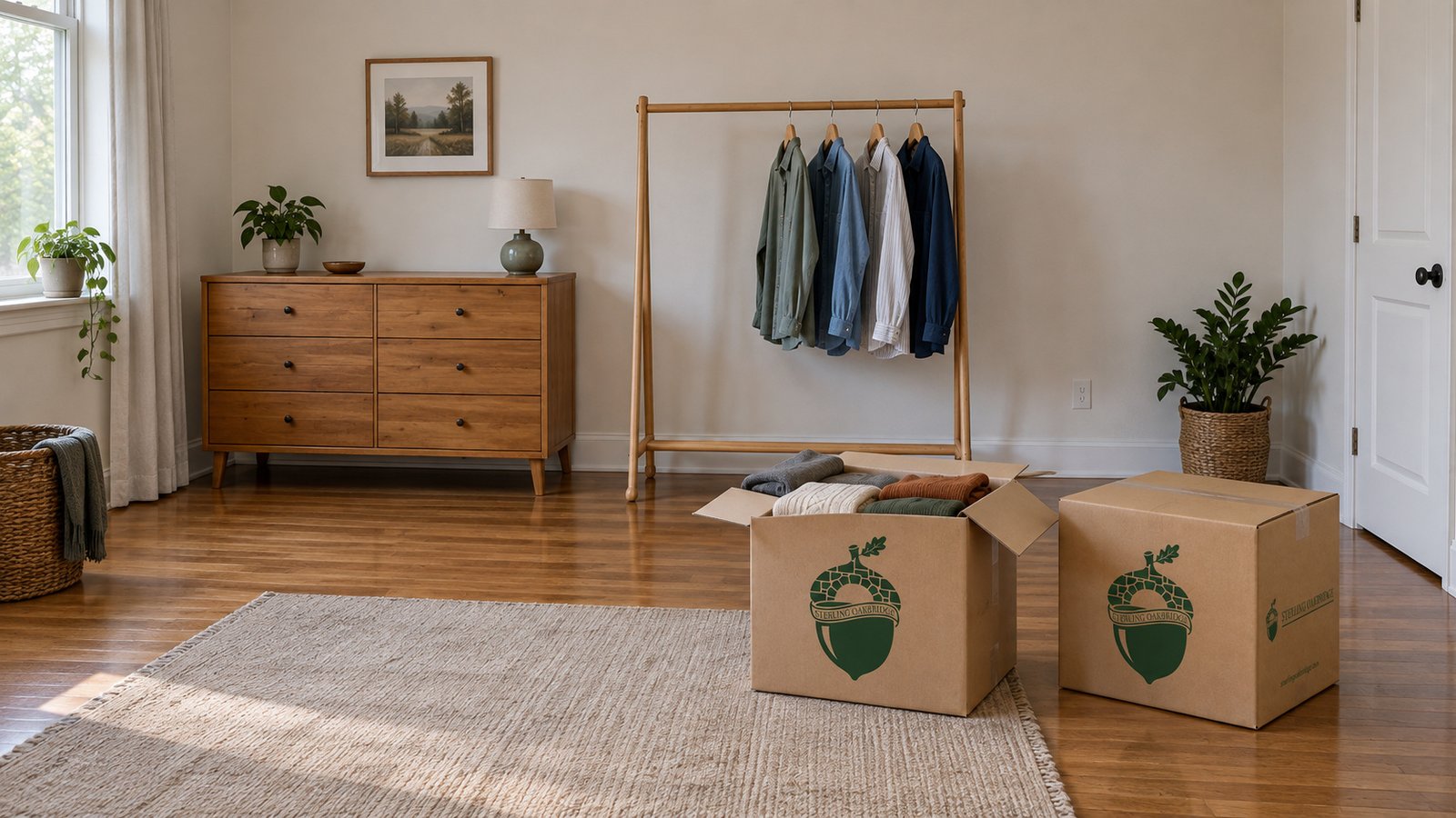A whole wooden chest of drawers and freestanding clothes rail beside open and closed kraft cartons containing folded sweaters.