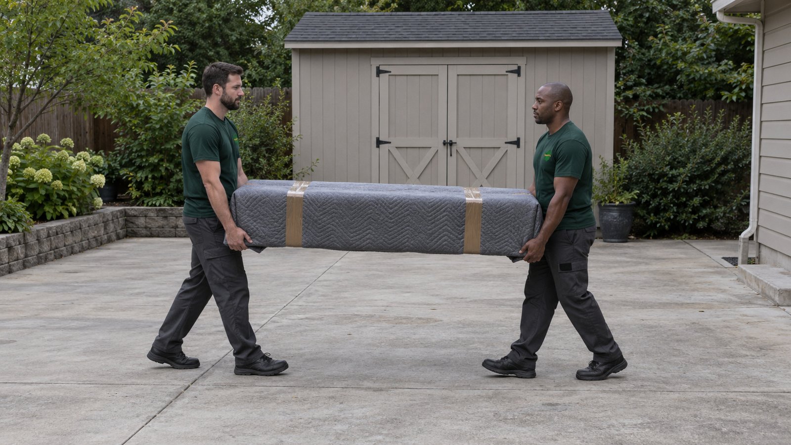 Two male movers in green Sterling Oakbridge shirts carrying a compact bench covered by a gray blanket and brown packing tape.