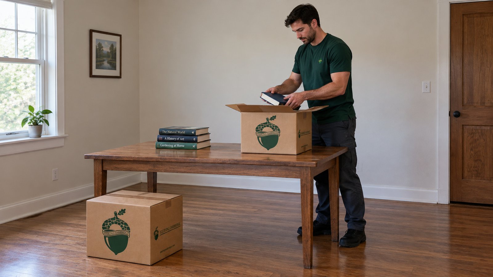 A male mover in a green Sterling Oakbridge shirt placing a book into a small open kraft Book carton on a wooden table.