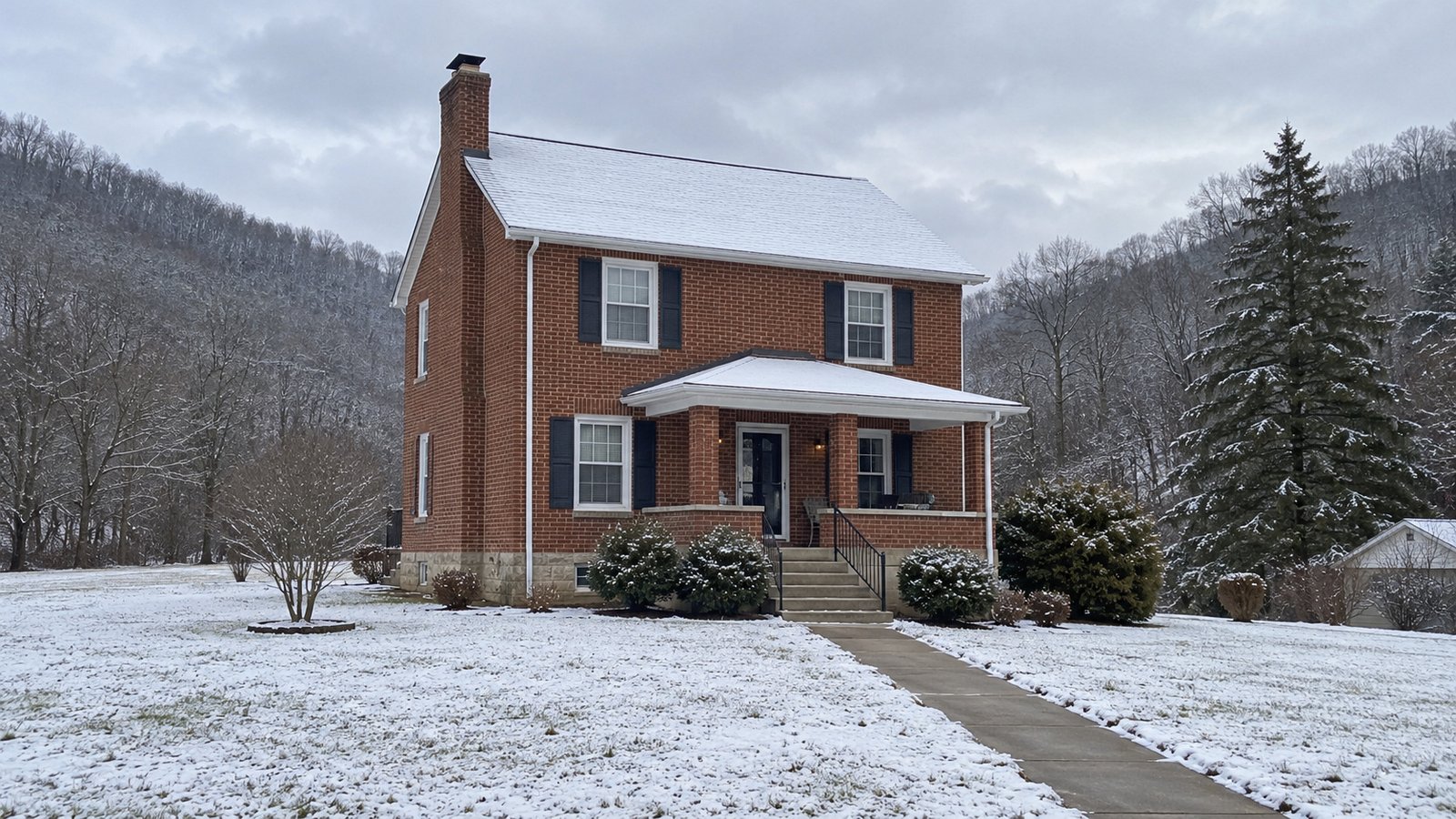 A whole two-story brick house with a cleared front path and entrance steps after light snow.