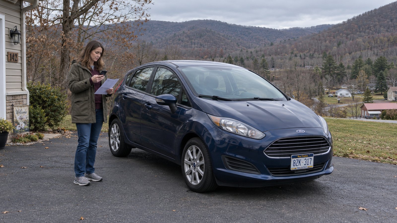 A woman checking a phone and paper beside a complete dark blue hatchback on a paved driveway.