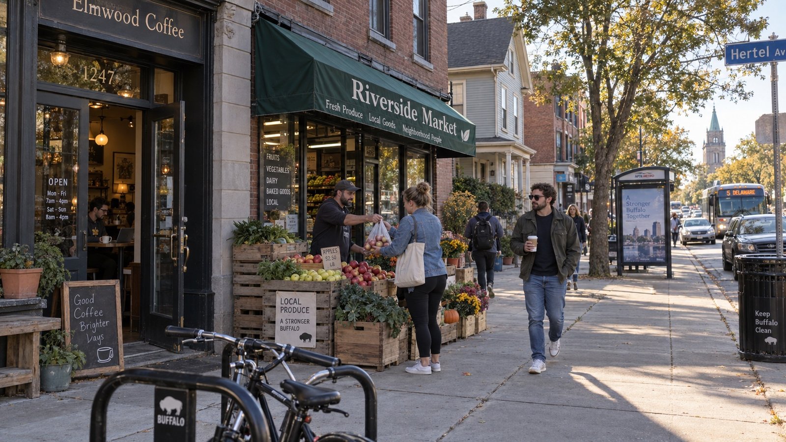 A neighborhood corner with a small storefront, brick doubles and bicycles on the sidewalk.