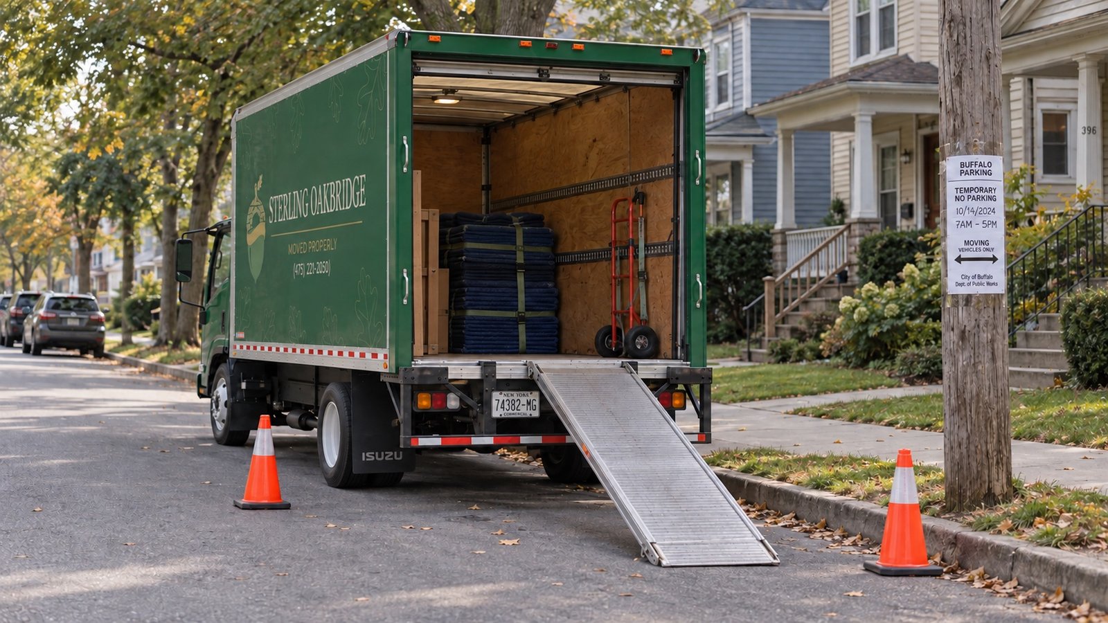 A dark green moving truck with an open rear door and a ramp resting at a residential curb.