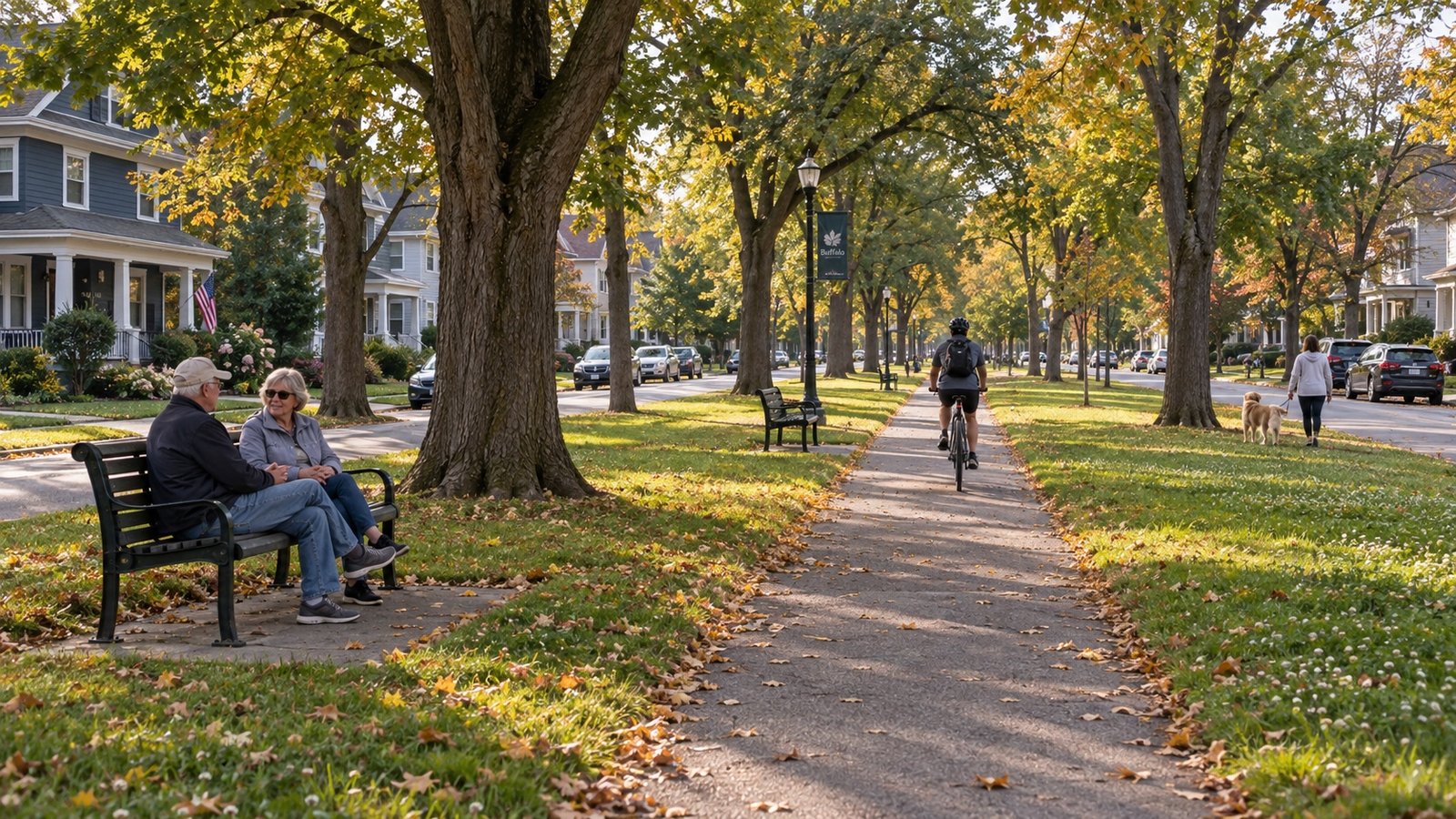 A parkway with mature trees, benches and older houses beyond the grass.