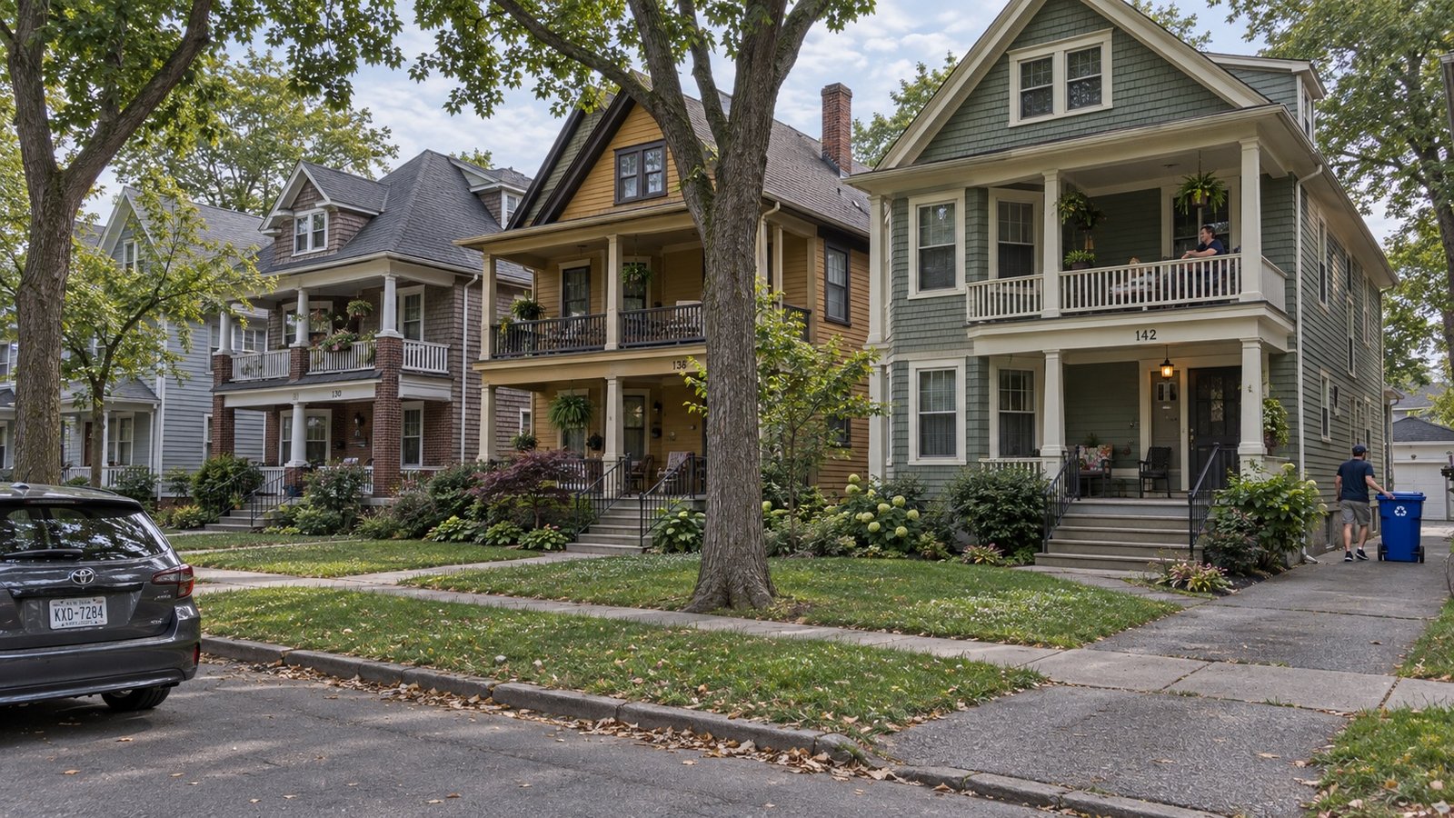 A residential street of wood-frame double houses with open porches and parked cars.