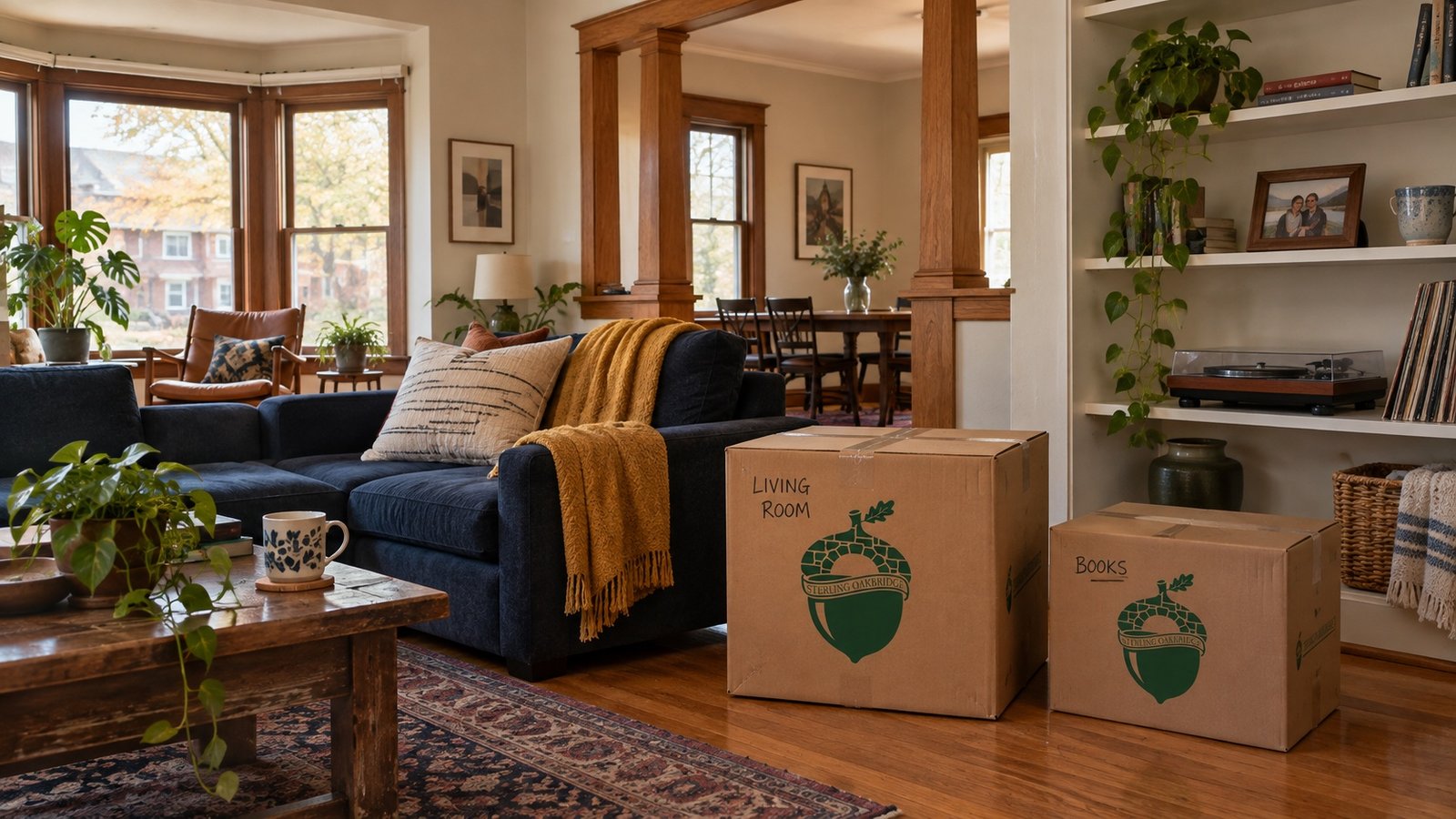 A furnished living room in an older Buffalo double with sealed moving boxes by the wall.