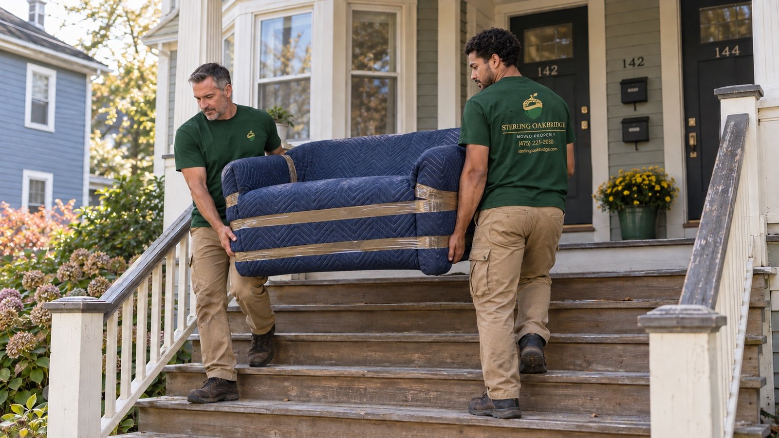 Two movers carrying a blanket-wrapped sofa down the wooden steps of a porch.