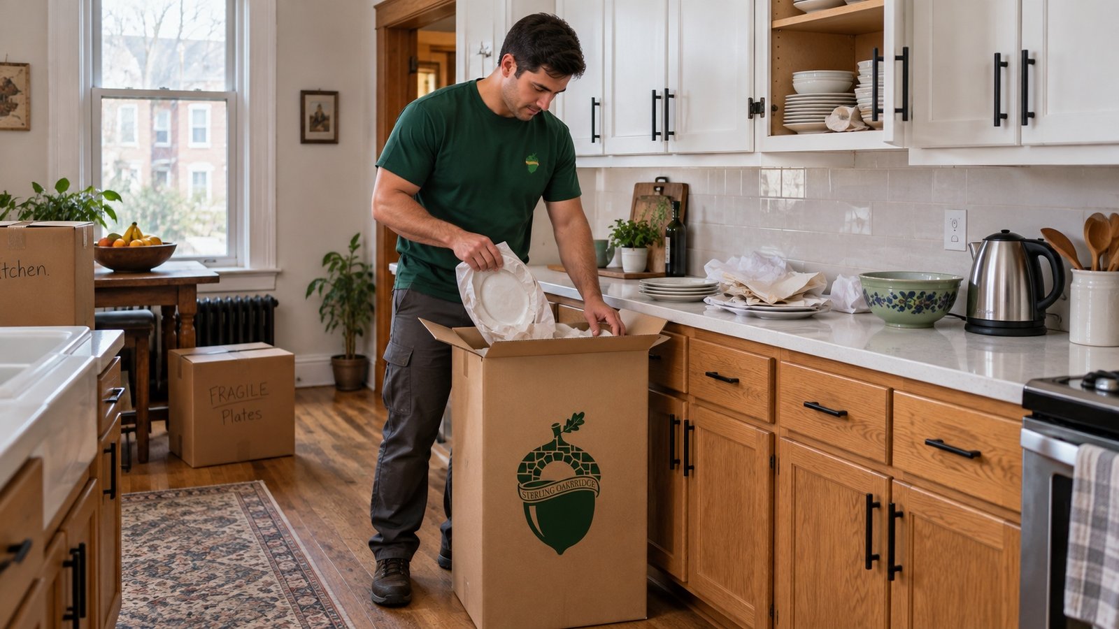 A Sterling Oakbridge mover placing a paper-wrapped plate into a branded China carton beside a kitchen counter.
