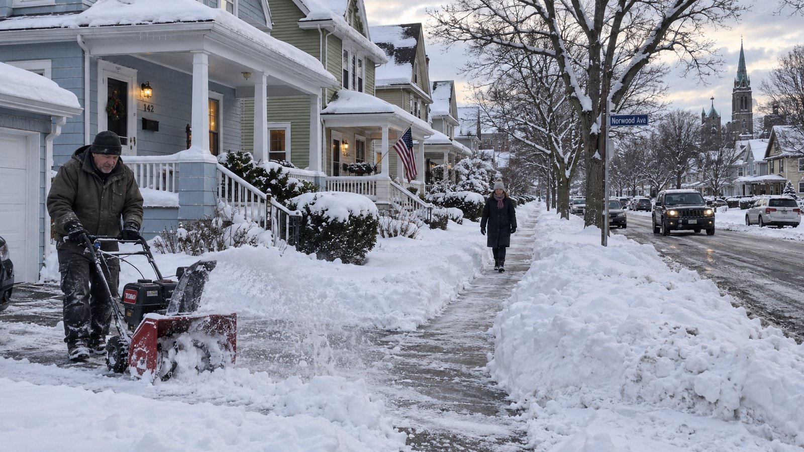 A residential street after heavy lake-effect snow with buried curbs and cleared walks.