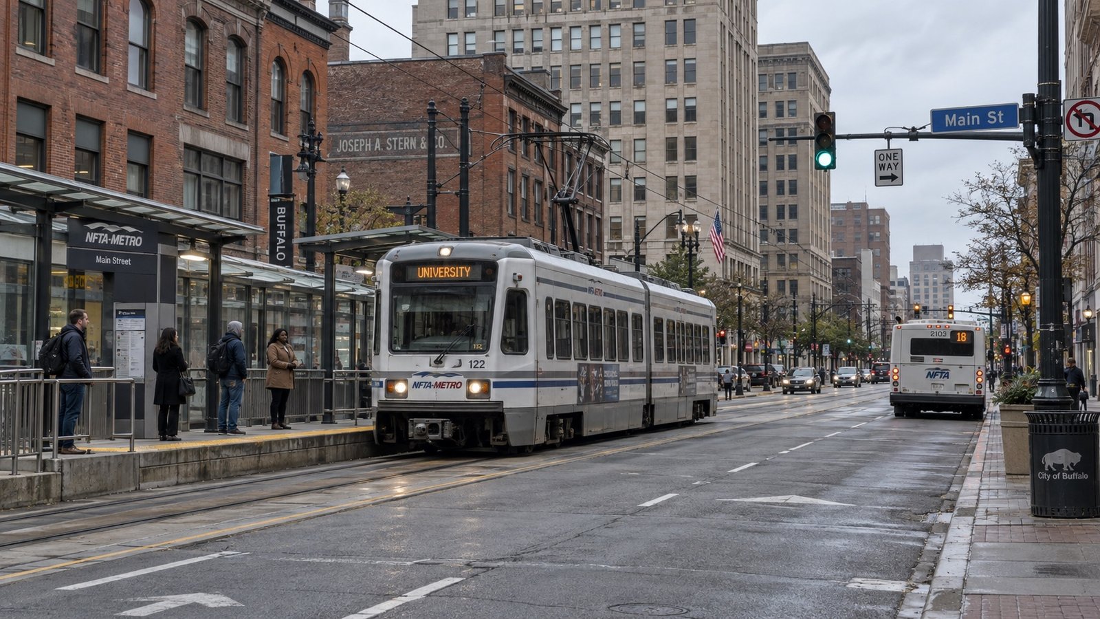 A Main Street scene with a light-rail train and a bus among older commercial buildings.