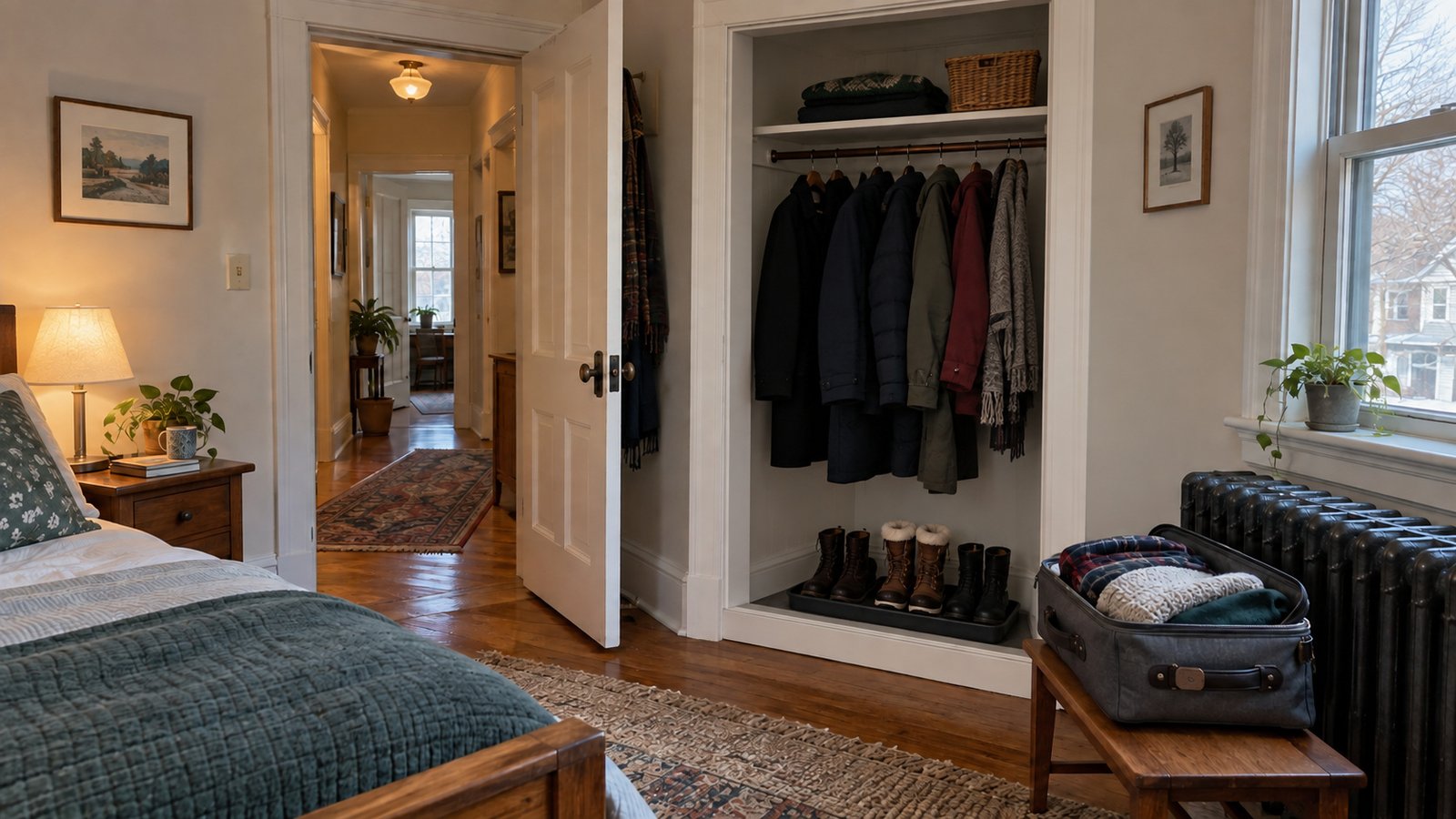 Bedroom with an open wardrobe of winter coats, boots on a tray, a radiator and a clear doorway into the hall