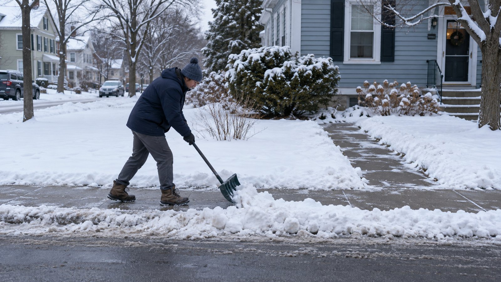 Resident pushing snow aside at the curb beside a cleared sidewalk and the private path to a clapboard house