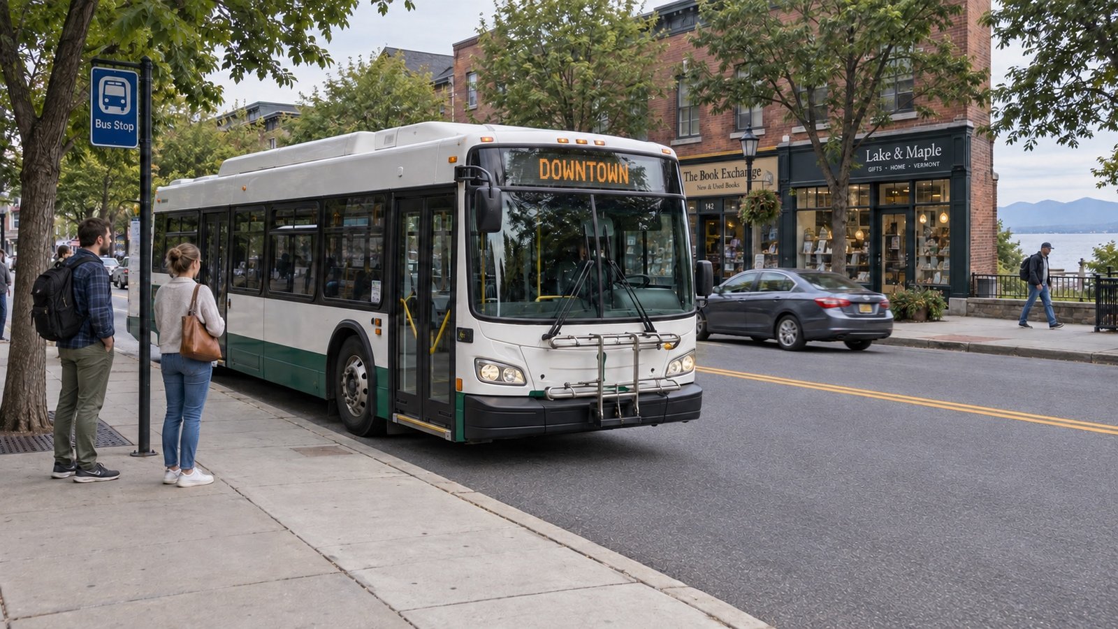 Two passengers waiting beside a bus stop as a bus displaying DOWNTOWN stands next to the sidewalk