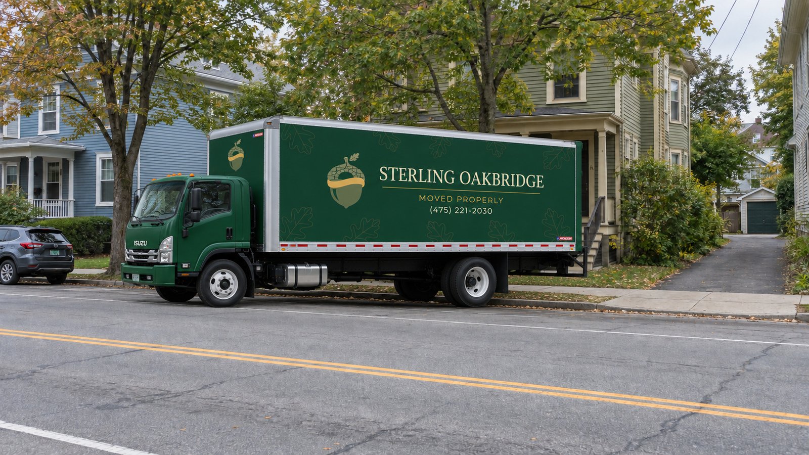 Space around a longer moving truck Green Sterling Oakbridge Isuzu FTR truck parked along a residential curb with the nearby driveway entrance clear