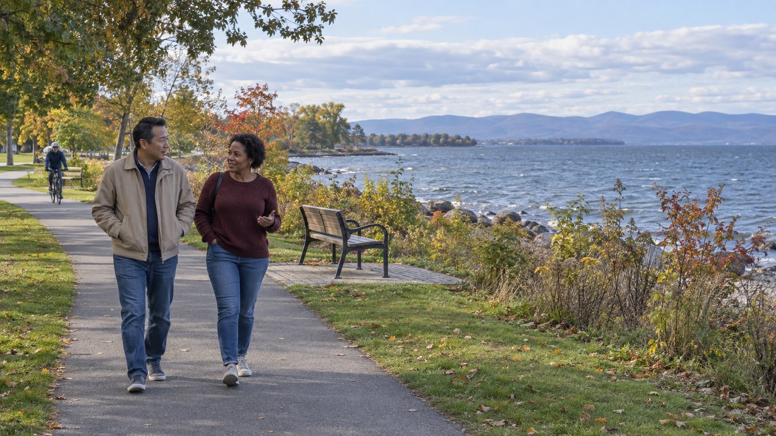 Two adults walking beside the lake, with a bench on the shoreline and a cyclist farther along the paved path