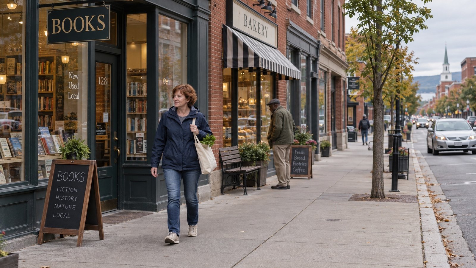 Woman with a tote walking past a bookshop and bakery on a brick storefront block