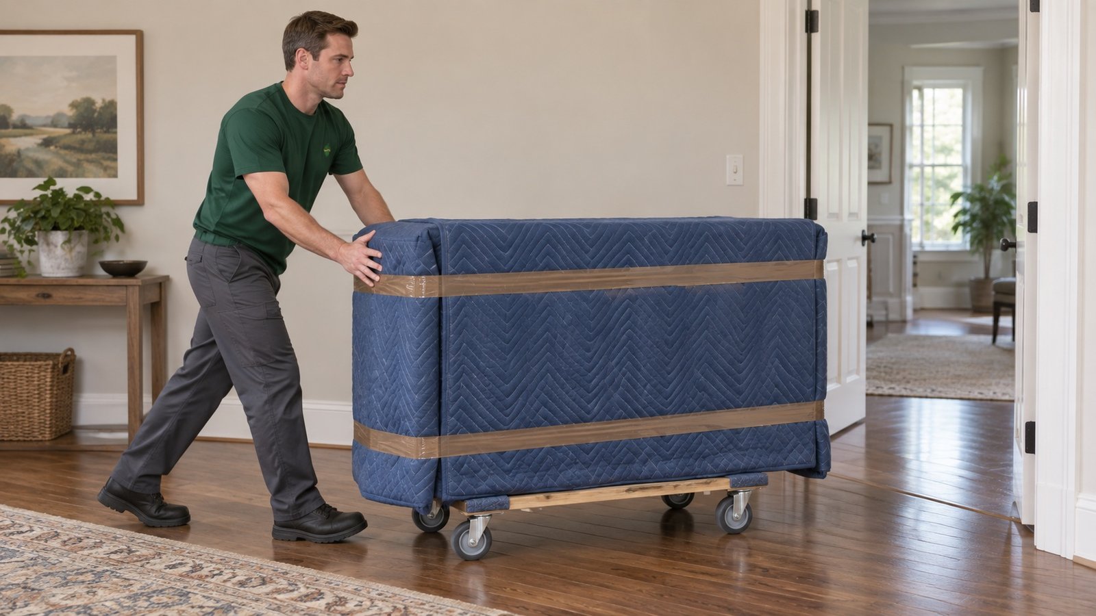 Guiding a protected cabinet through the room Mover guiding a cabinet wrapped in blue moving blankets on a compact wooden dolly toward an open doorway